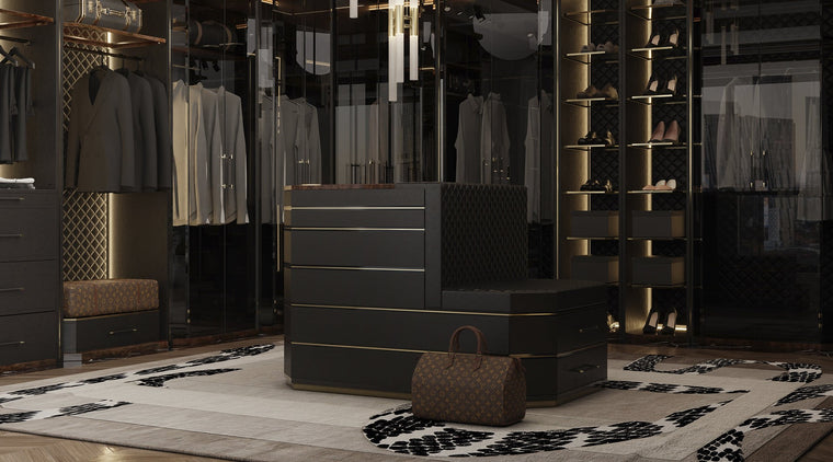 Luxxu black and gold walk in closet with Waltz closet island, available from Touched Interiors UK