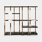 Castro Lighting Columns Bookcase in polished brass with black shelves, available from Touched Interiors UK