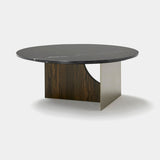 Coleccion Alexandra Coro Round Coffee Table in tobacco ash with a platinum iron base and black Marquina marble top