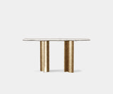 Amalgam Console Table: Modern Masterpiece in Aged Brass with Carrara Marble Top.