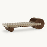 Mezzo Collection Francis Bench, Alhambra Jimena 46 fabric, matte walnut frame, available from Touched Interiors UK