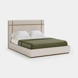 Mezzo Collection Gaye Bed, Nobilis Frimas fabric, matte walnut frame, polished brass, available from Touched Interiors UK