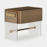 Mezzo Collection Hodge Nightstand, matte walnut, acrylic, polished brass, available from Touched Interiors UK