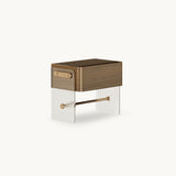 Mezzo Collection Hodge Nightstand, matte walnut, acrylic, polished brass, available from Touched Interiors UK