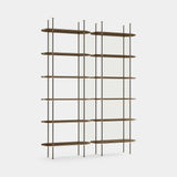 Mezzo Collection Martin II Bookcase, matte walnut wood, aged painted metal, polished brass, available from Touched Interiors UK