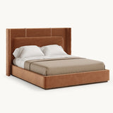 Mezzo Collection Perry Bed, Alhambra Jimena 08 fabric, synthetic leather details, matte walnut frame, available from Touched Interiors UK