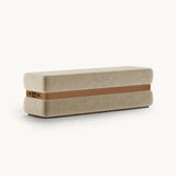 Mezzo Collection Ray Bench, Alhambra Jimena 17 and Designers Guild Matara fabrics, Nappa Spice belt, matte walnut, polished brass, available from Touched Interiors UK