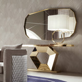 Giorgio Collection Infinity Rectangular Wall Mirror in light gold chrome, shown above the Infinity Console Table