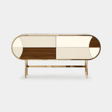 Mezzo Collection Retro Moryson Sideboard, matte walnut wood, glossy lacquered fronts, gold plated brass frame, available from Touched Interiors UK