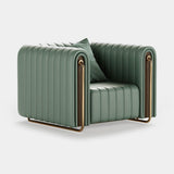 Mezzo Collection Rivers Armchair, Panaz Aston 110 Pacific fabric, matte walnut frame, polished brass, available from Touched Interiors UK