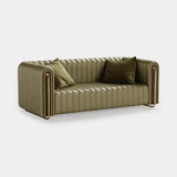 Mezzo Collection Rivers Sofa, Pele Milano 92768 leather, matte walnut frame, polished brass, available from Touched Interiors UK