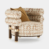 Mezzo Collection Rogers Armchair, Lelievre Fjord Cognac 4260-04 fabric, matte walnut feet, polished brass, available from Touched Interiors UK