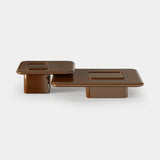 Mezzo Collection Stephen Centre Table, matte walnut, brushed brass and smoked glass, available from Touched Interiors UK