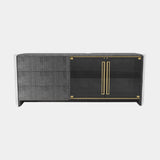 Luxxu Algerone Sideboard in polished brass, Statuario marble, grey frisé eucalyptus veneer, smoked glass and Storm FR 04 Light Gray synthetic leather