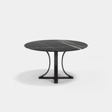 Albany Metal Base Luxury Dining Table: nero Marquinia marble top on a dark metal base
