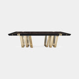 Luxxu Apotheosis Dining Table in polished brass, Emperador marble and black glossy lacquer