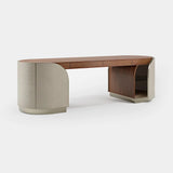 Arden Cabinet Base Luxury Writing Desk: matt walnut veneer with ivory genuine leather sides and doors (Cat B)