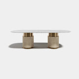 Ashford Oval Leather Base Luxury Dining Table: bianco Carrara marble top on a channelled ivory genuine leather base (Cat B) with metal rings