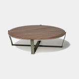 Belgrave Round Metal Base Luxury Coffee Table: matt walnut top with a metal base