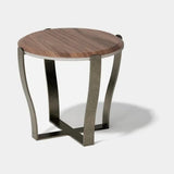 Belgrave Round Metal Base Luxury Side Table: matt walnut top with a metal base