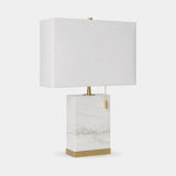 Berkeley Designs Avignon Table Lamp, white marble and brushed brass with white shade, angled view