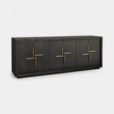 Berkeley Designs Bristol Sideboard, dark brown oak veneer with brass handles, angled view