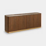Berkeley Designs Brooklyn Sideboard, dark walnut veneer with ceramic top, angled view