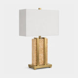 Berkeley Designs Geneva Table Lamp, warm travertine and brushed brass with white shade, angled view