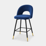 Berkeley Designs Hoxton Bar Stool, blue velvet with black metal frame and brass tips, angled view