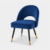 Berkeley Designs Hoxton Dining Chair in Blue, Set of 2, blue fabric with black legs and brass tips, angled view