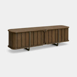Berkeley Designs Lisbon Media Unit, caramel oak veneer with fluted panels, angled view