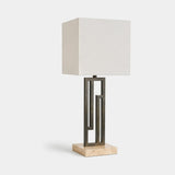 Berkeley Designs Malaga Table Lamp, dark bronze and travertine with white shade, angled view