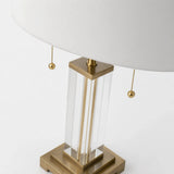 Berkeley Designs Montro Table Lamp, clear crystal and brushed brass with white shade, detail