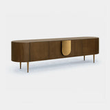 Berkeley Designs Napa Media Unit, textured caramel oak veneer with bronze handle and legs, angled view
