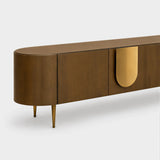 Berkeley Designs Napa Media Unit, textured caramel oak veneer with bronze handle and legs, detail