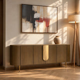 Berkeley Designs Napa Sideboard, textured caramel oak veneer with bronze handle and legs, room setting