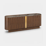 Berkeley Designs Oslo Sideboard, walnut veneer with veined ceramic top and gold detail, angled view