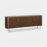 Berkeley Designs Paris Sideboard, walnut with slender brass handles and legs, angled view