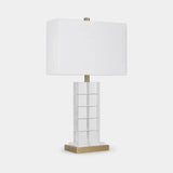 Berkeley Designs Prague Table Lamp, clear crystal and brushed brass with white shade, angled view
