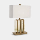 Berkeley Designs Santorini Table Lamp, translucent alabaster and brushed brass with white shade, angled view