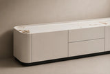 Berkeley Designs Shoreditch Media Unit, high gloss taupe with veined ceramic top and black plinth, room setting