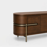 Berkeley Designs Vienna Media Unit, textured walnut veneer with wrap-around brushed brass detail, detail