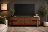 Berkeley Designs Vienna Media Unit, textured walnut veneer with wrap-around brushed brass detail, room setting