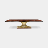 Boca do Lobo Metamorphosis Dining Table in walnut root veneer with a sculpted brass base, available from Touched Interiors UK