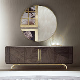 Giorgio Collection Infinity Sideboard in Makore mahogany, shown with the Infinity Round Wall Mirror