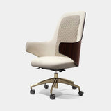 Celeste Luxury Ergonomic Executive Desk Chair with Premium Wood Accents: ivory leather with diamond-quilted back panel (Cat B Quilted), gloss walnut shell, polished brass base