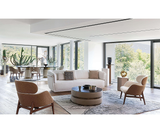 Celine Luxury Designer Armchair and Modern Curved Pouf, alternative angle