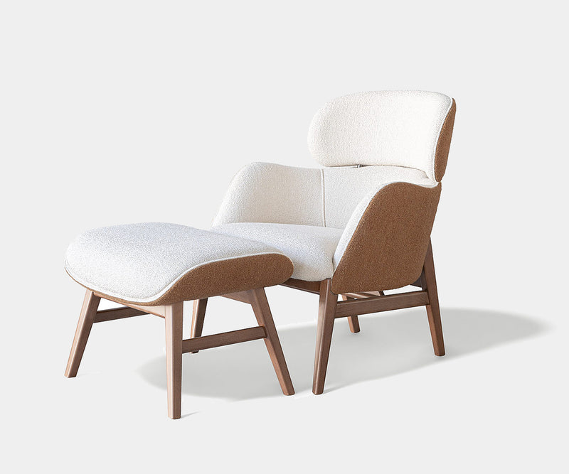 Celine Luxury Designer Armchair and Modern Curved Pouf: ivory bouclé (Cat B) with tan outer shell and wooden legs