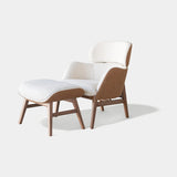 Celine Luxury Designer Armchair and Modern Curved Pouf: ivory bouclé (Cat B) with tan outer shell and wooden legs