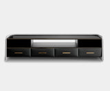 Luxxu Charla TV Cabinet in polished brass, black matte lacquer, black glass and Chronus Dark Black synthetic leather
